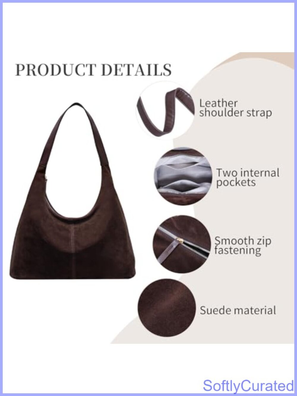 Suede Hobo Shoulder Bag Slouchy Crescent Tote Purse for Women - Picture 3 of 6